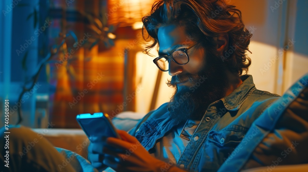 Glad fashionable young bearded guy wears stylish clothes and denim shirt has trendy hairstyle happy to exchange messages with friends uses free internet connection on electronic modern : Generative AI - obrazy, fototapety, plakaty 