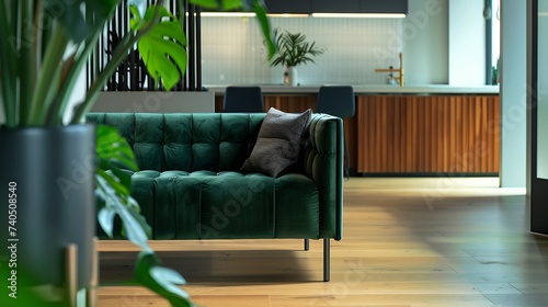 Interior photography of a contemporary design corporate office break out area  a kitchen and lounge area with a green velvet sofa  floor boards and pot plant   Generative AI