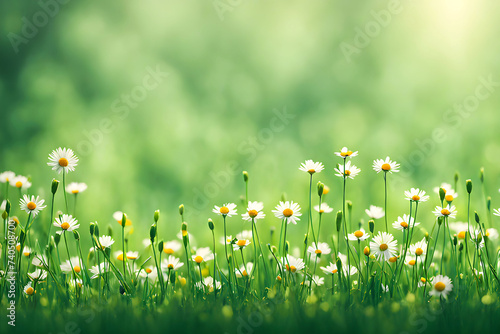 Bellis perennis flowers in the field, green blur background photo