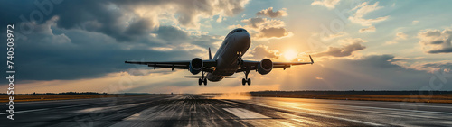 plane taking off from airport runways for traveling and transport business