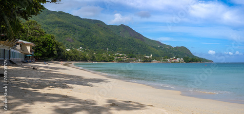 A wonderful panoramic view of empty white sand beach in Mahe Island  Seychelles.
