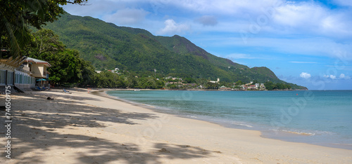 A wonderful panoramic view of empty white sand beach in Mahe Island, Seychelles.