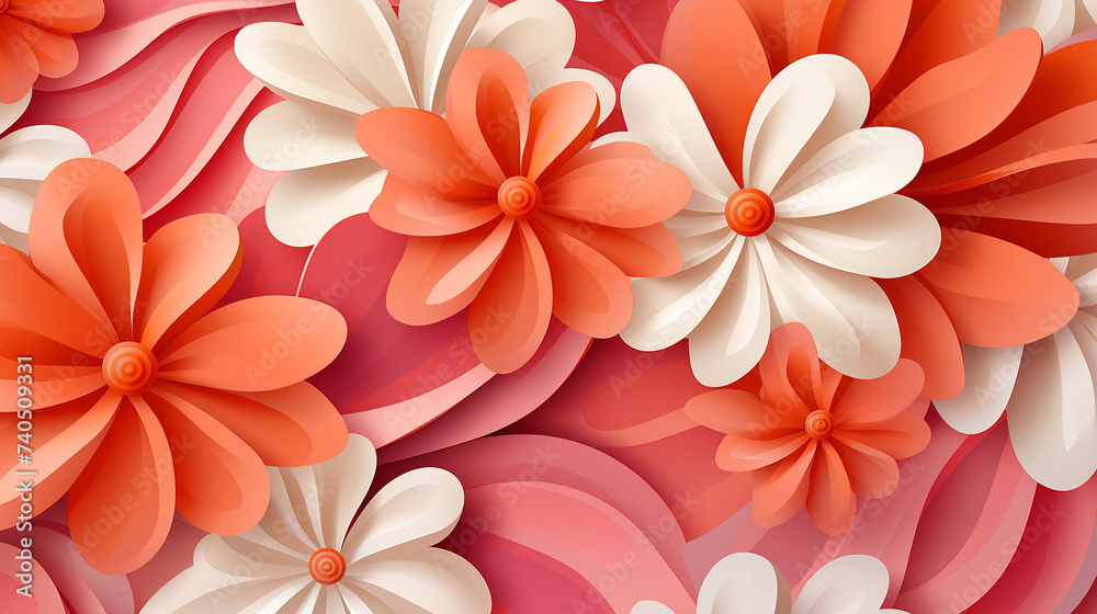 1970 Daisy Flowers, Trippy Grid, Wavy Swirl Seamless Pattern Pack In Orange, Pink Colors. Hand-draw