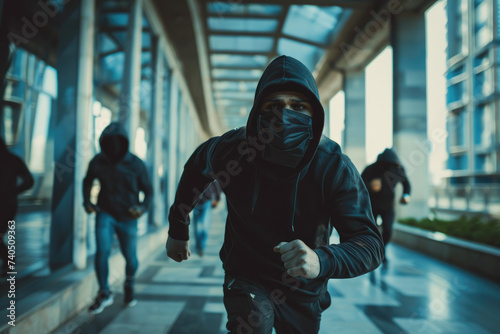 Thief man in black hoodie and mask robbing a bank with the gang running away photo