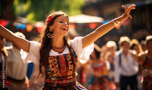 Woman Dancing Energetically in a Colorful Dress © uhdenis