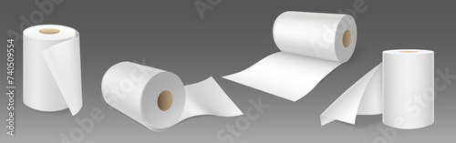 White toilet paper or hygiene tissue roll mock up. Realistic vector set of kitchen towel with carton spool cylinder tube standing and lying isolated on grey background. Blank lavatory napkin scroll.