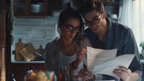 Young Caucasian family having debt problems not able to pay out their loan Female in glasses and brunette man studying paper form bank while managing domestic budget together in kitche : Generative AI photo
