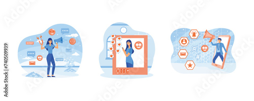 Different social media. Social media influencer at work. Showing people bringing likes and reactions for get engagement. Set flat vector modern illustration
