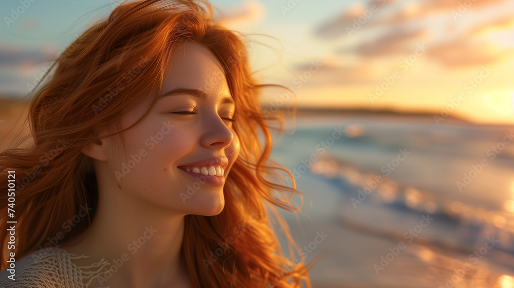Radiant Young Woman Enjoying Sunset on Seashore