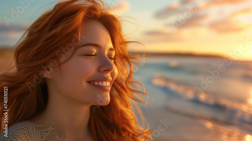 Radiant Young Woman Enjoying Sunset on Seashore © Viktorikus