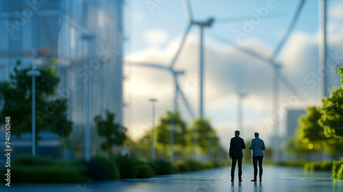 Blurred Figures of Businessmen Discussing Near Wind Turbines at Dusk © Viktorikus