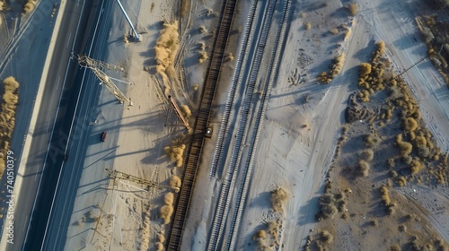 Aerial view of infrastructure development project with laying of railway tracks equipped with overhead electric poles in parallel to high powered supply lines in dry terrain during sum : Generative AI