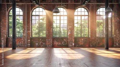 Empty, large interior with old brick walls and big windows. Interior concept background .3d Render : Generative AI