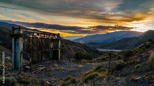 An abandoned cableway station of the La Mejicana mine at the foot of the Sierra de Famantina, Chilecito, La Rioja, Argentina : Generative AI photo