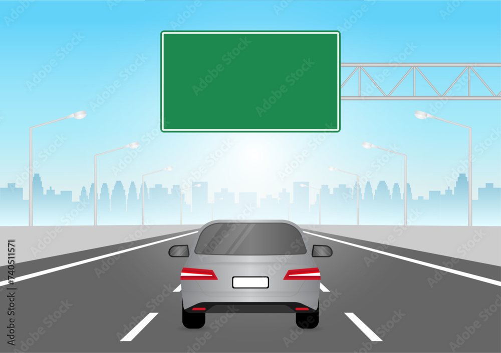 Car Driving on Asphalt Highway Road. Vector Illustration. 
