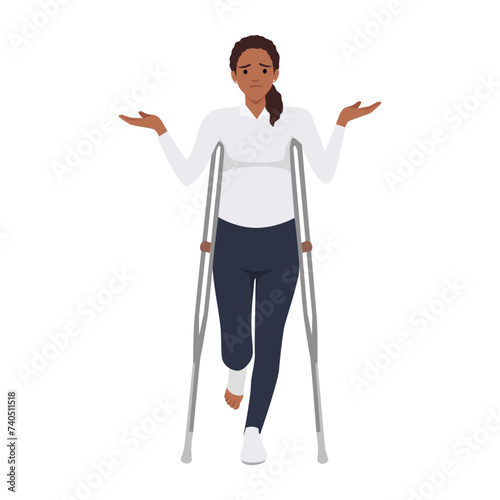 Injured woman on crutches flat color vector faceless character. Female patient with broken leg in plaster, physical trauma