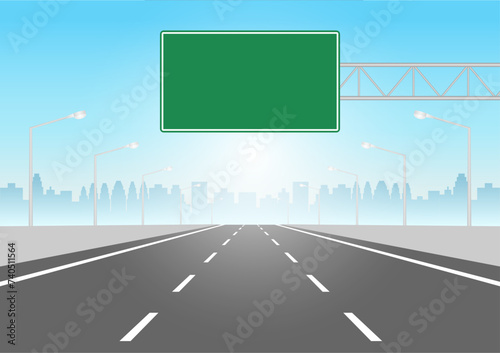 Empty Asphalt Highway Road with Traffic Sign. Vector Illustration. 