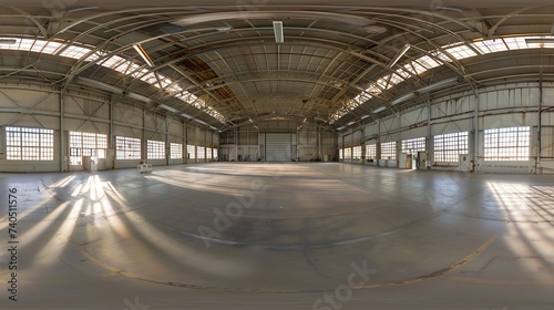 full seamless spherical hdri panorama 360 degrees in interior of large empty room as warehouse or hangar in equirectangular projection. VR AR concept : Generative AI © Generative AI