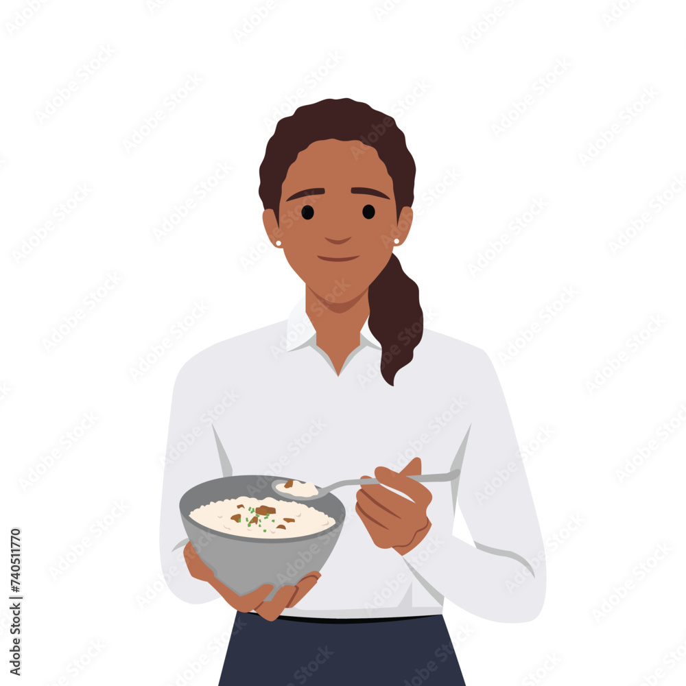 Woman eating fried rice using spoon in flat design on white background. Asian lunch meal. Flat vector illustration isolated on white background Woman eating fried rice using spoon in flat design on white background. Asian lunch meal. Flat vector illustration isolated on white background