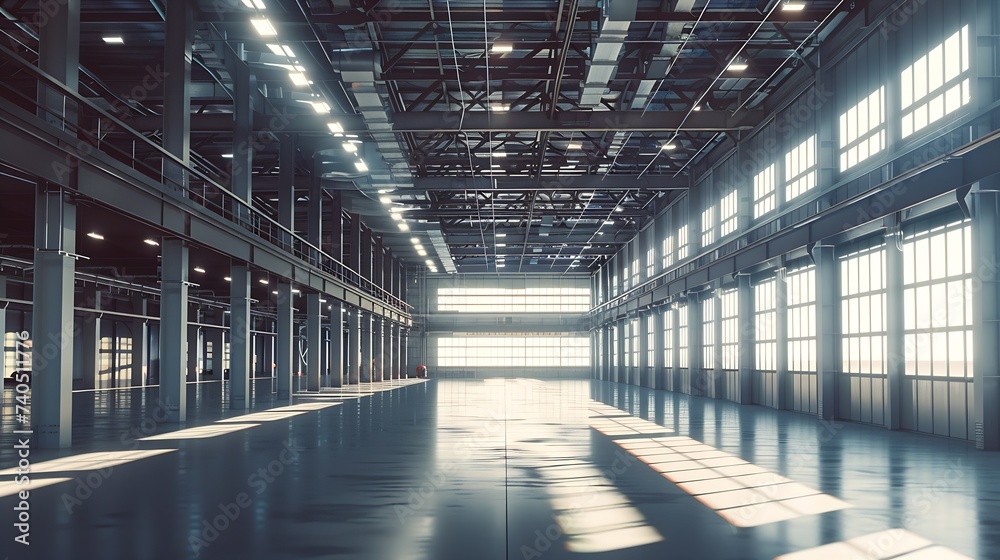 Industrial building. New industrial building. Empty industrial space with lots of windows. Hangar building without anyone. Architectural background with interior construction. 3d image : Generative AI
