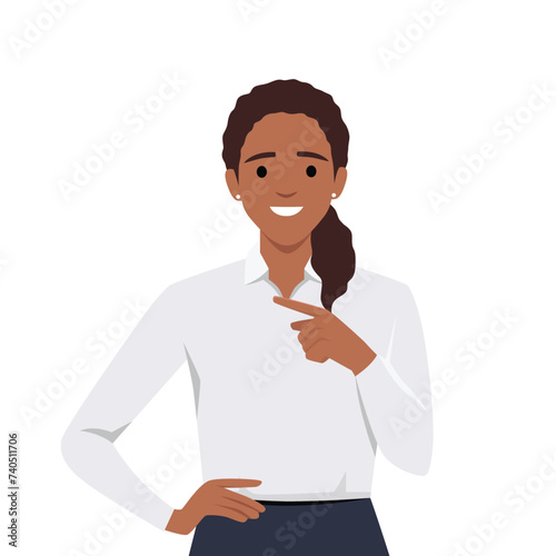 Young beautiful brunette businesswoman smiling pointing finger in side. Flat vector illustration isolated on white background