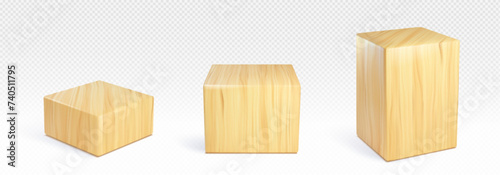 Wooden square podium of different height and angle of view on transparent background. Realistic vector set of cube platform made of light wood for product display. Rectangle natural showcase pedestal.