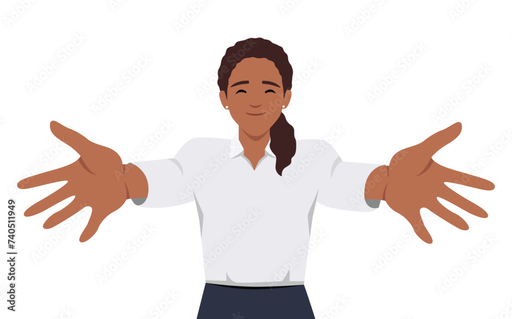 You are welcome! Cheerful woman gesturing welcome sign and smiling while standing against pink wall. Flat vector illustration isolated on white background You are welcome! Cheerful woman gesturing welcome sign and smiling while standing against pink wall. Flat vector illustration isolated on white background