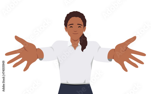 You are welcome! Cheerful woman gesturing welcome sign and smiling while standing against pink wall. Flat vector illustration isolated on white background