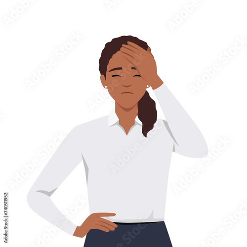 portrait of black woman touching her head suffering a painful headache. Flat vector illustration isolated on white background