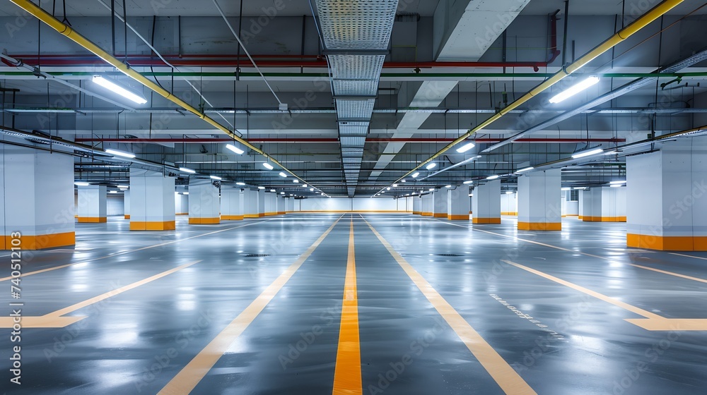 Empty underground parking lot in modern building. : Generative AI - obrazy, fototapety, plakaty 