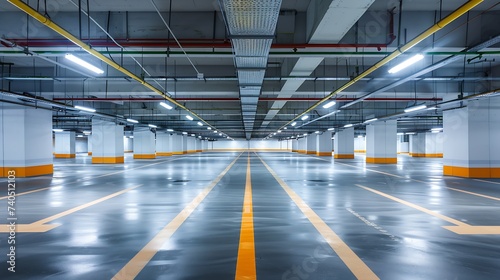Empty underground parking lot in modern building. : Generative AI