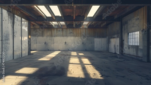 Weathered facility of abandoned industrial building of plant with rusty metal ceiling and shabby concrete floor   Generative AI