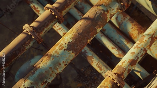 An aerial close-up of the rusting pipes of an old abandoned factory on a sunny day. : Generative AI