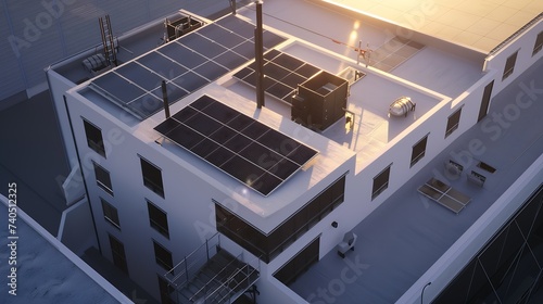a top down shot of a white building with solar panels on the roof, black windows and black metal stairs on the backside of the building. It is sunset and the area is empty. : Generative AI