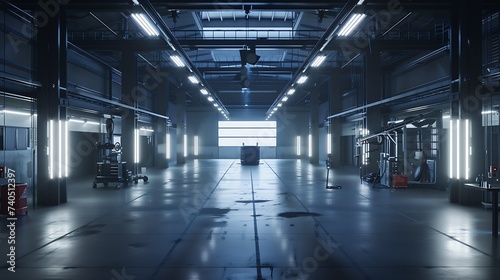 Large industrial hall of a vehicle repair station : Generative AI photo
