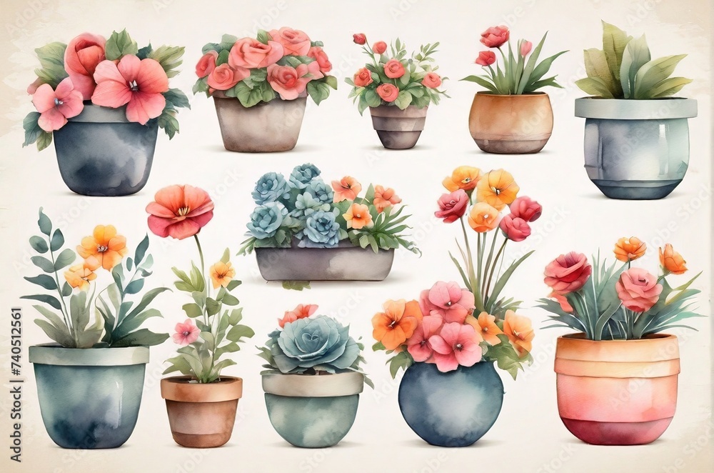 Watercolor set of flowers in pots for a flower shop on pastel background. AI generated