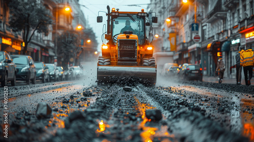 A road roller is grinding a road under construction. with meticulously controlled engineers,generative ai