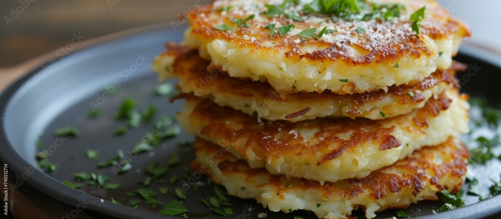 A closeup image of a plate stacked with delicious potato pancakes, a popular dish made from simple ingredients like potatoes, perfect as a staple food in various cuisines A closeup image of a plate stacked with delicious potato pancakes, a popular dish made from simple ingredients like potatoes, perfect as a staple food in various cuisines