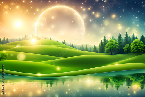 Abstract Design green meadows with lake sunrise and Particle Lights nature Background