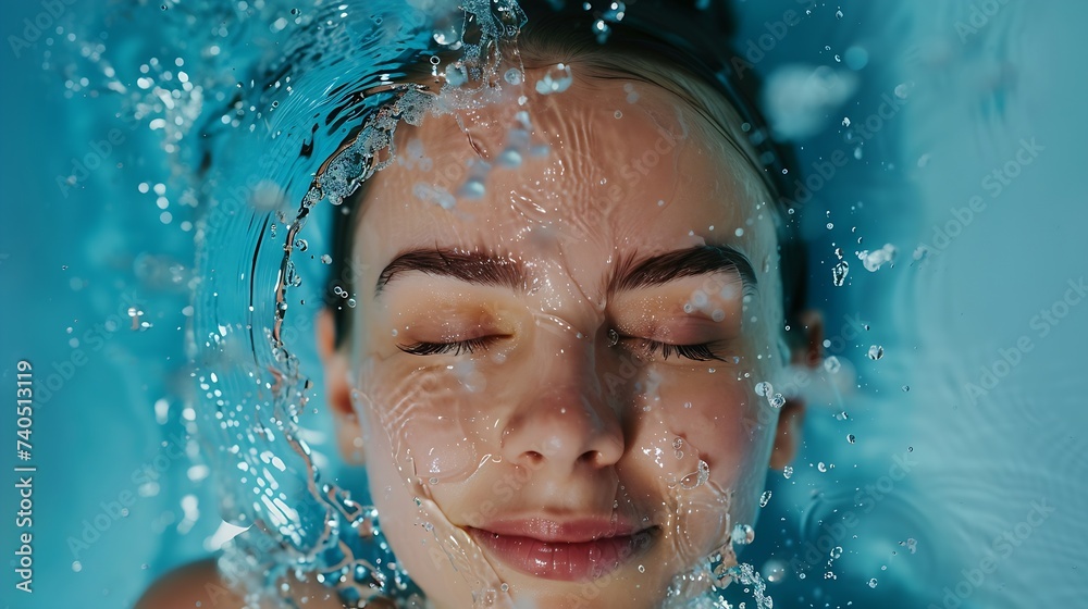 Beautiful Model Spa Woman with splashes of water Beautiful Smiling girl under splash of water with fresh skin over blue background Skin care Cleansing and moisturizing concept Beauty f : Generative AI