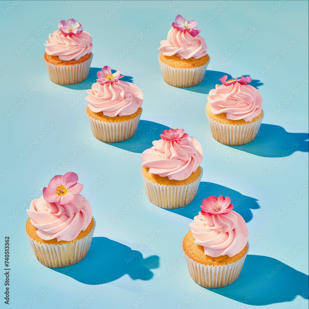 A few cupcakes with light pink icing with few flowers on top light blue background. Vibrant pastels. Spring summer food photography.