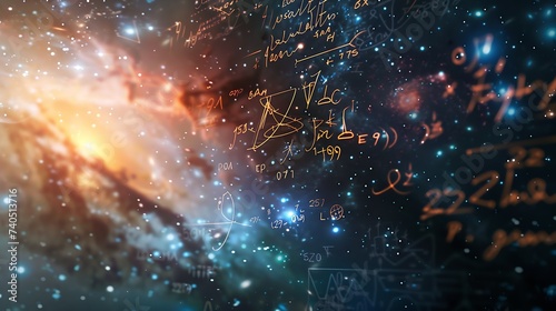 Mathematical and physical formulas against the background of a galaxy in universe Space Background on the theme of science and education Elements of this image : Generative AI