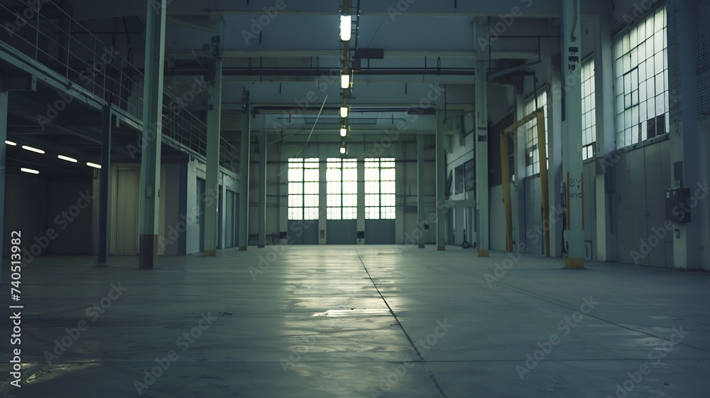 Wide shot of industrial hall empty and clean : Generative AI