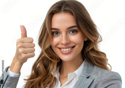 a businesswoman smiling and giving a thumbs-up gesture, isolated on a white background