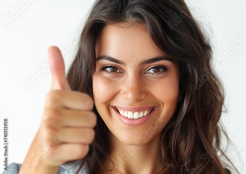 a businesswoman smiling and giving a thumbs-up gesture, isolated on a white background