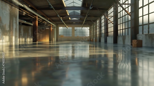 Industrial building warehouse interior with polished concrete floor and style transparent glass roof top. 3d rendering   Generative AI