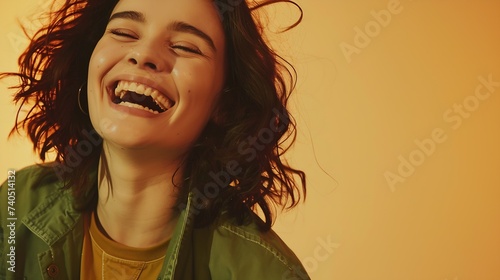 People beauty and lifestyle concept Shot of attractive sensual woman with wide smile dressed in green jacket and brown Tshirt smiling broadly being happy to meet her best friend Joyful : Generative AI