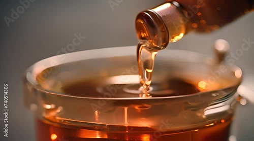 golden honey being poured into a glass, its viscous texture and lustrous color creating an appealing visual photo