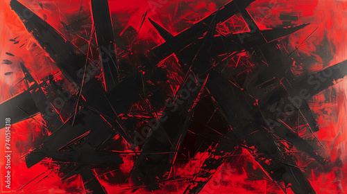 A bold abstract expression of red and black  with sharp lines and shapes that collide and coalesce across the canvas.