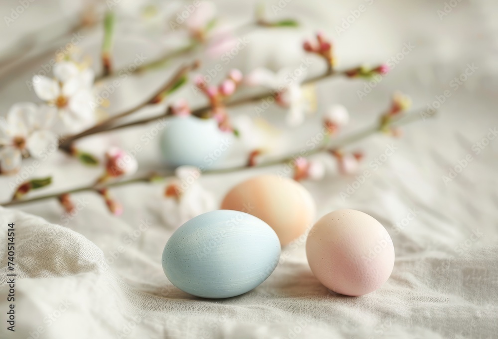 Pastel Easter Eggs Delicately Placed Among Flowering Branches on a Burlap Surface